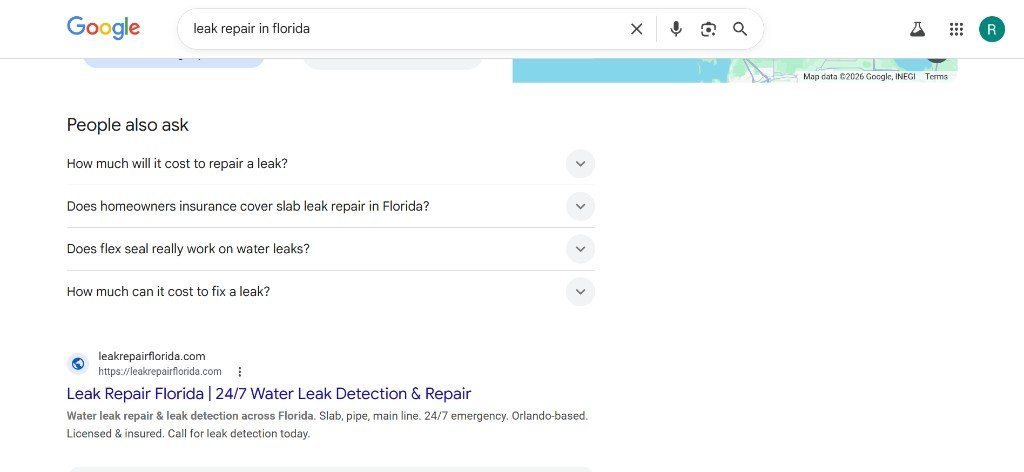 Google search results showing leakrepairflorida.com ranking for leak repair in Florida