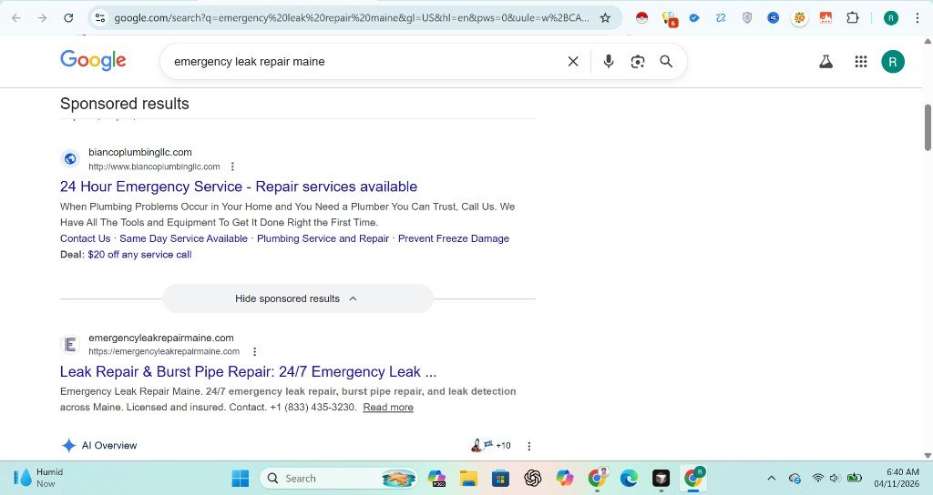 Google search results showing emergencyleakrepairmaine.com ranking for emergency leak repair Maine