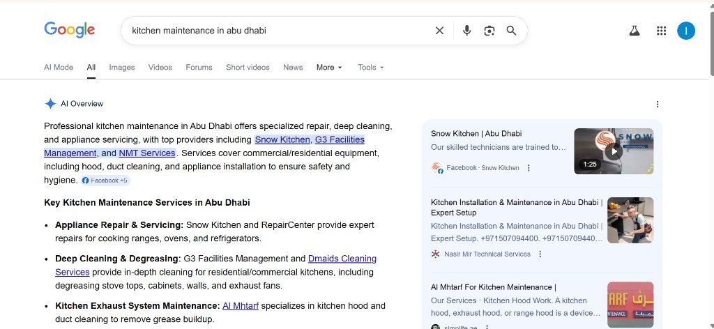 Google AI Overview citing SnowKitchen for kitchen equipment maintenance queries