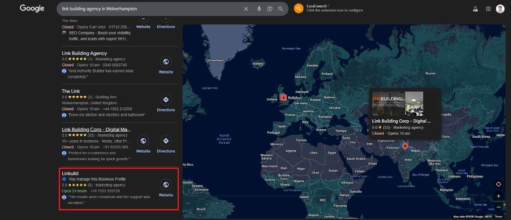 Google Map Pack ranking with 5.0 stars for a competitive agency keyword